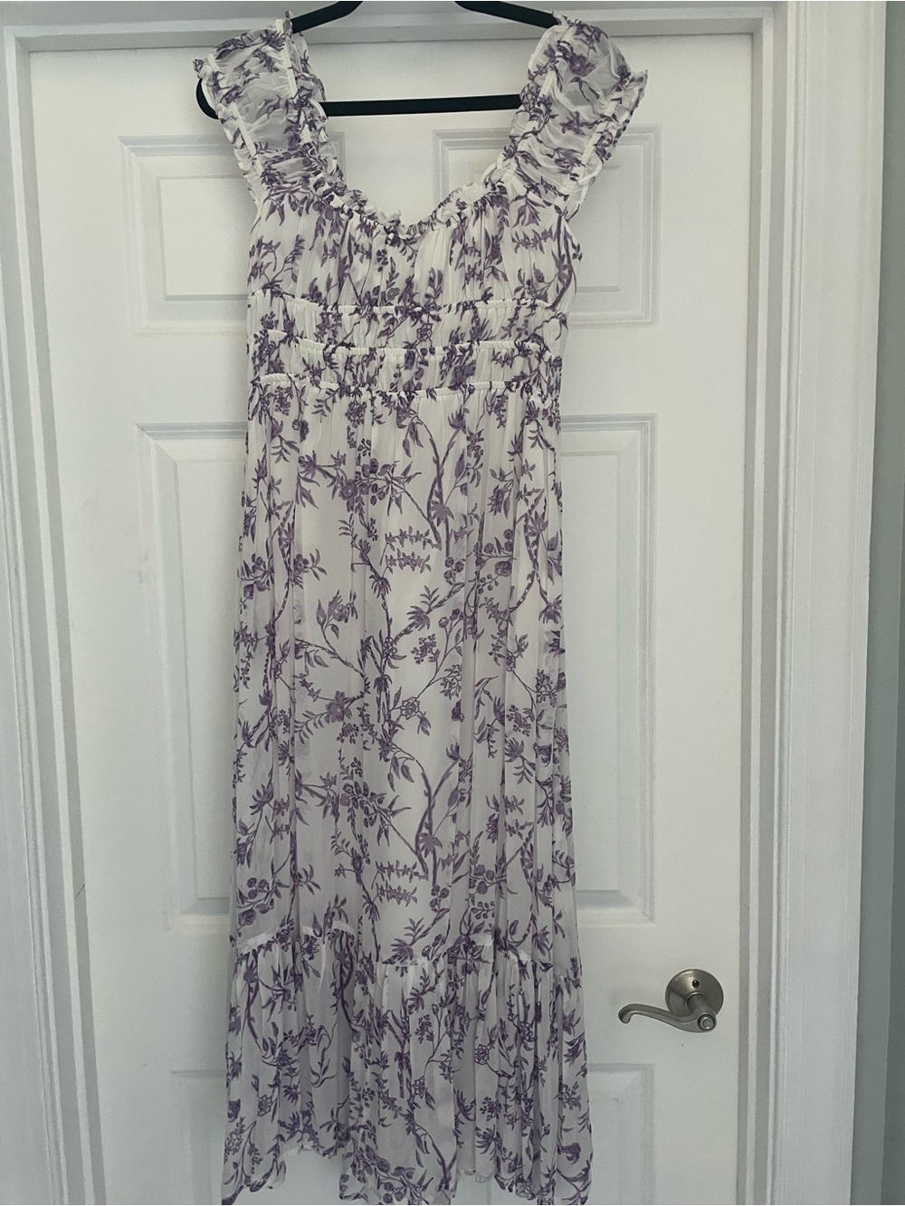 NEW with tags. Floral Ruffled Maxi Dress - Purple on white with pockets.